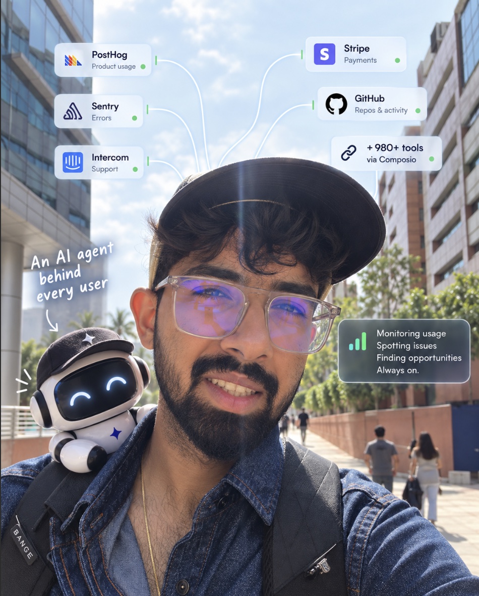 Selfie with a small robot on the shoulder, surrounded by floating cards for PostHog product usage, Sentry errors, Intercom support, Stripe payments, GitHub activity, and 980+ tools via Composio, all wired into one point
