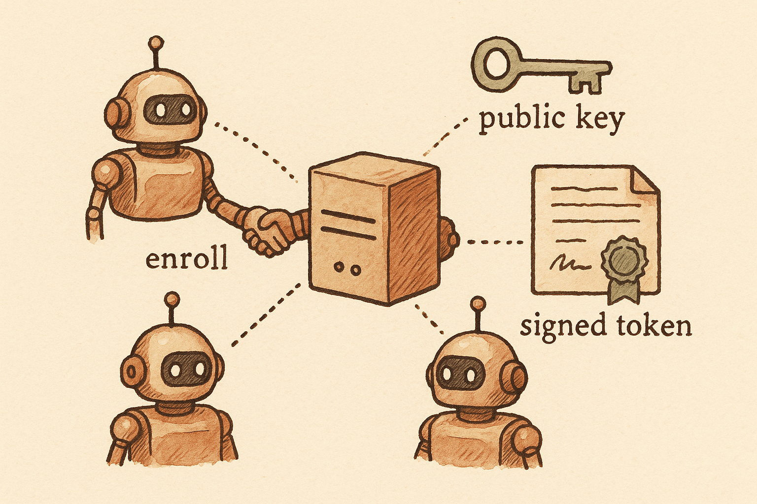 Hand-drawn diagram of autonomous AI agents enrolling with a central registry server using public keys and signed tokens, in a warm beige and brown palette