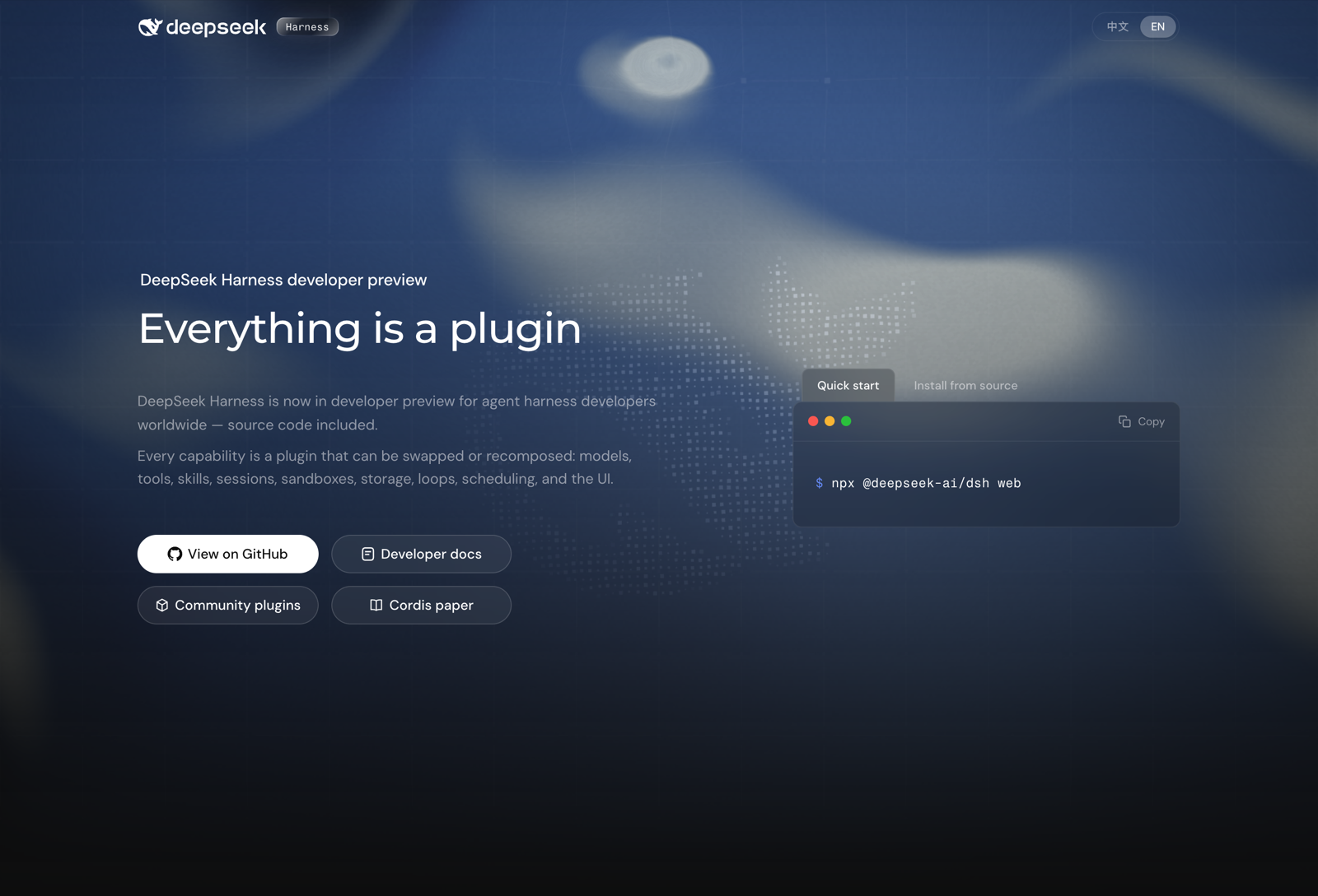 DeepSeek Harness landing page reading Everything is a plugin