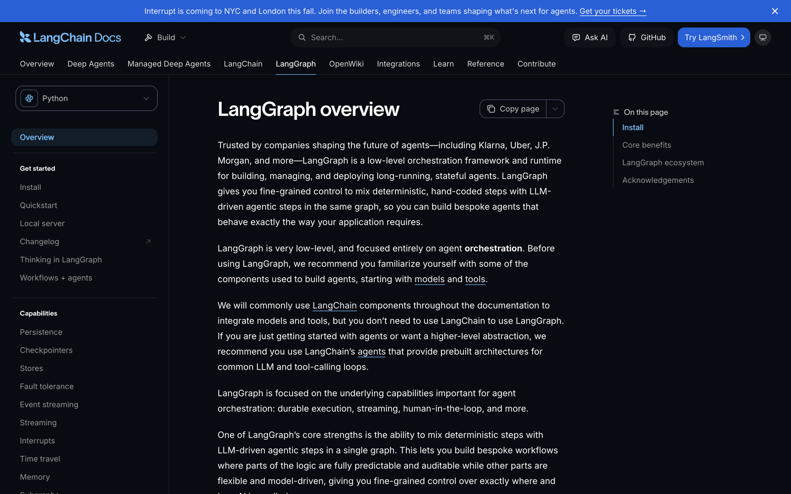 LangGraph documentation showing persistence and interrupts