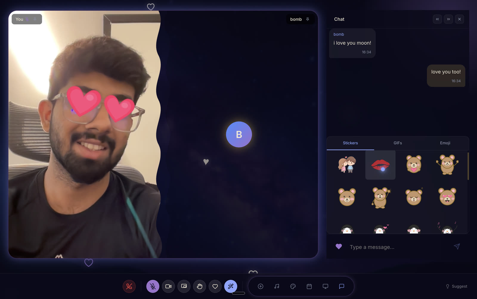 Video call with a heart eyes face filter on, next to a chat panel with messages and a sticker picker