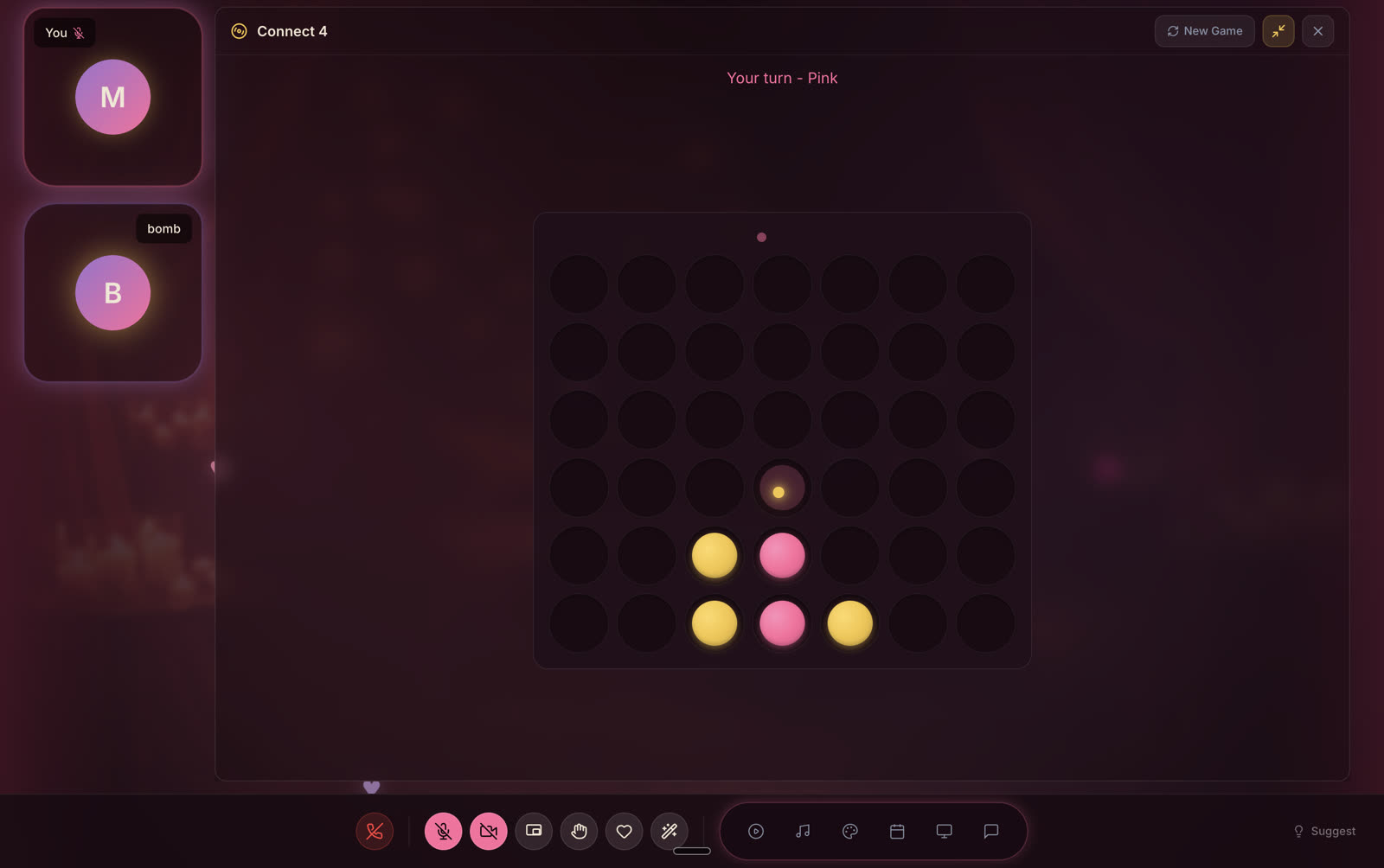 A Connect 4 game in progress with both participants shown on the left