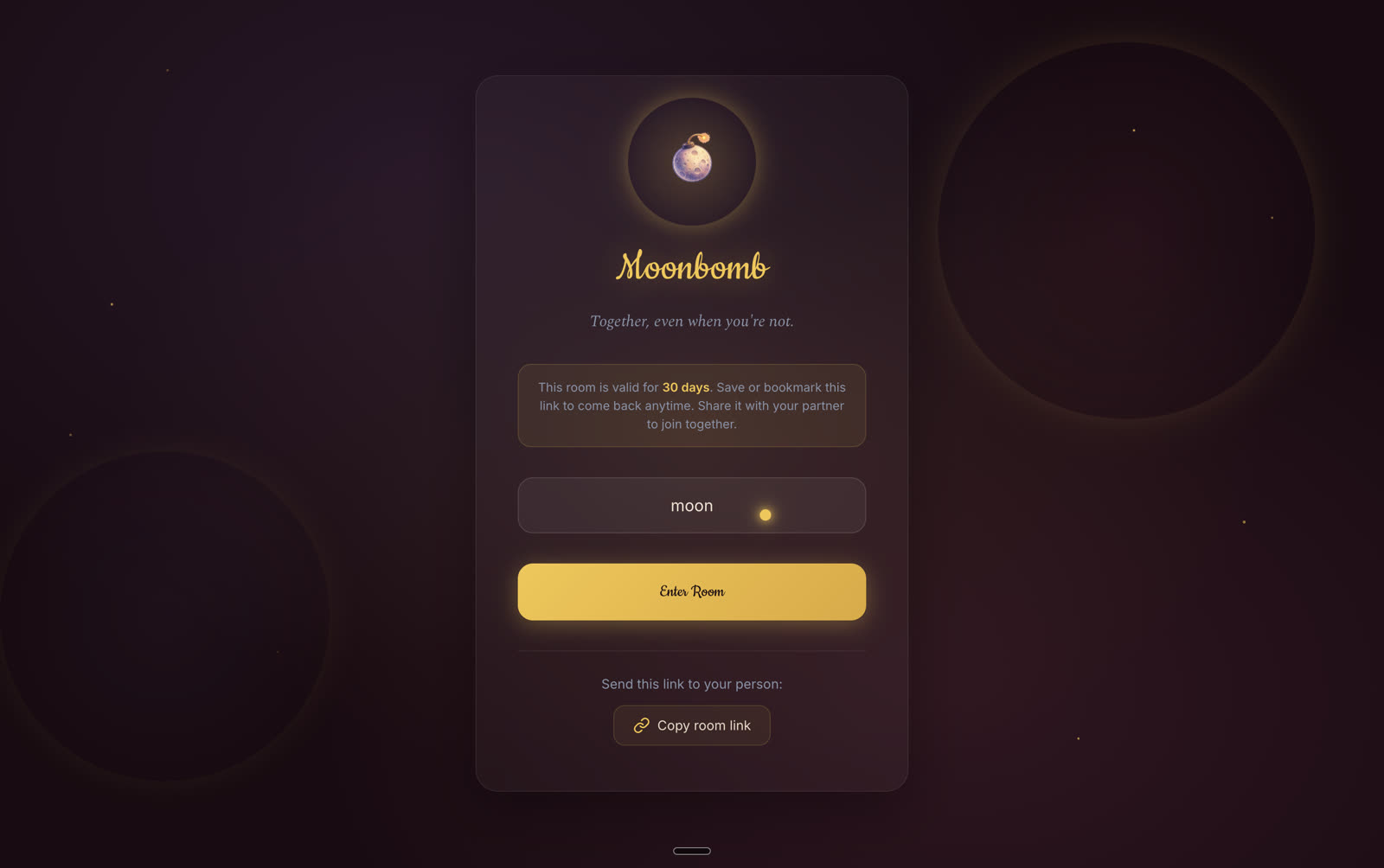 Room creation card saying the room is valid for 30 days, with a name field and a copy room link button