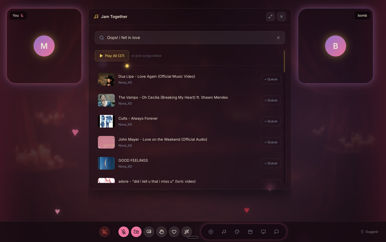 Jam Together panel with a search for a mood and a list of songs that can be queued