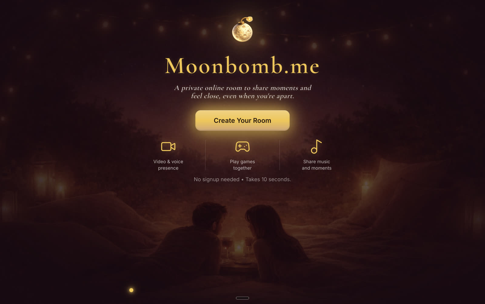 Moonbomb.me landing page with a single Create Your Room button and the line: a private online room to share moments and feel close, even when you are apart