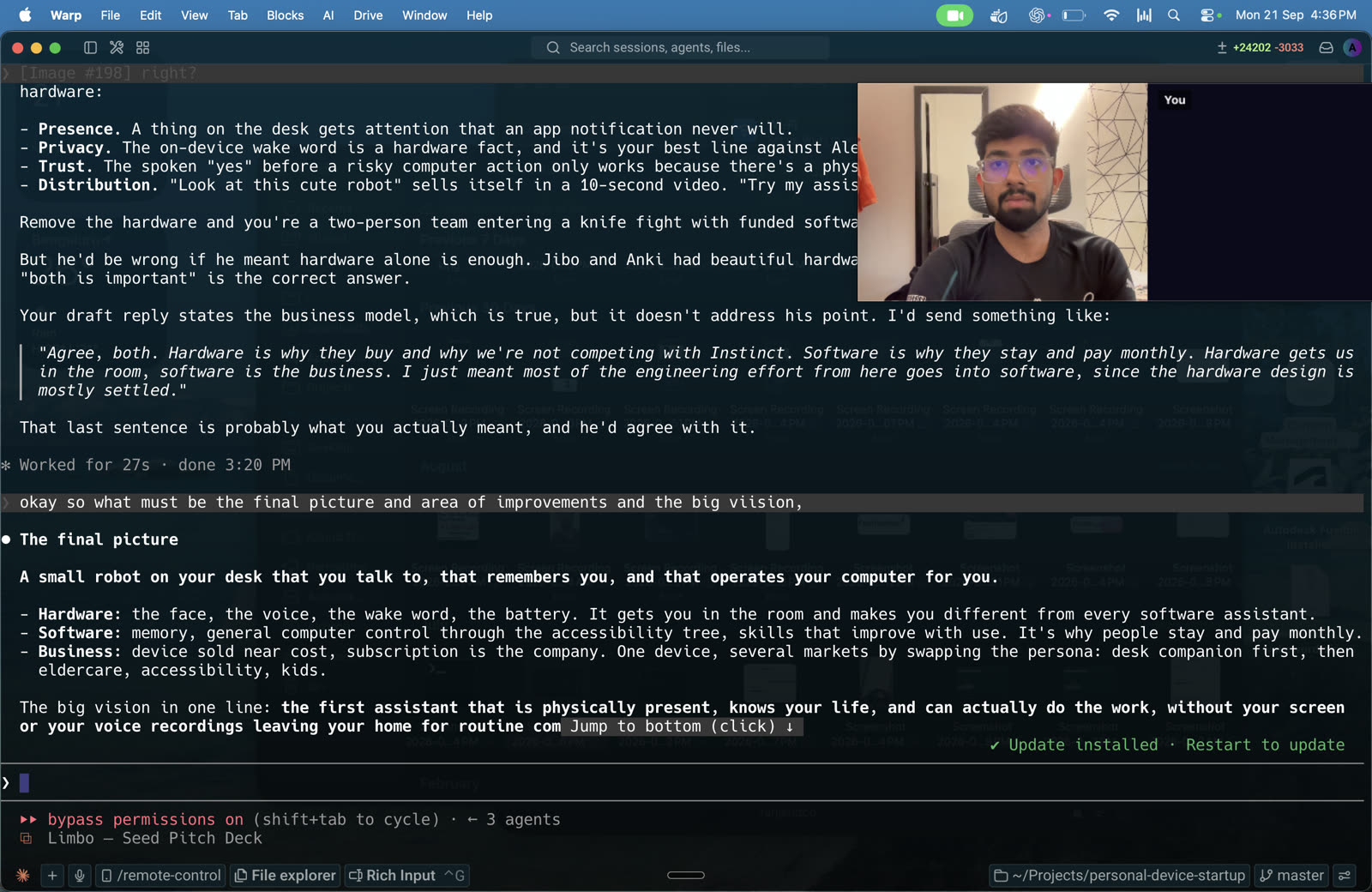 A terminal window with work in progress and the Moonbomb call floating in a small picture-in-picture window in the corner