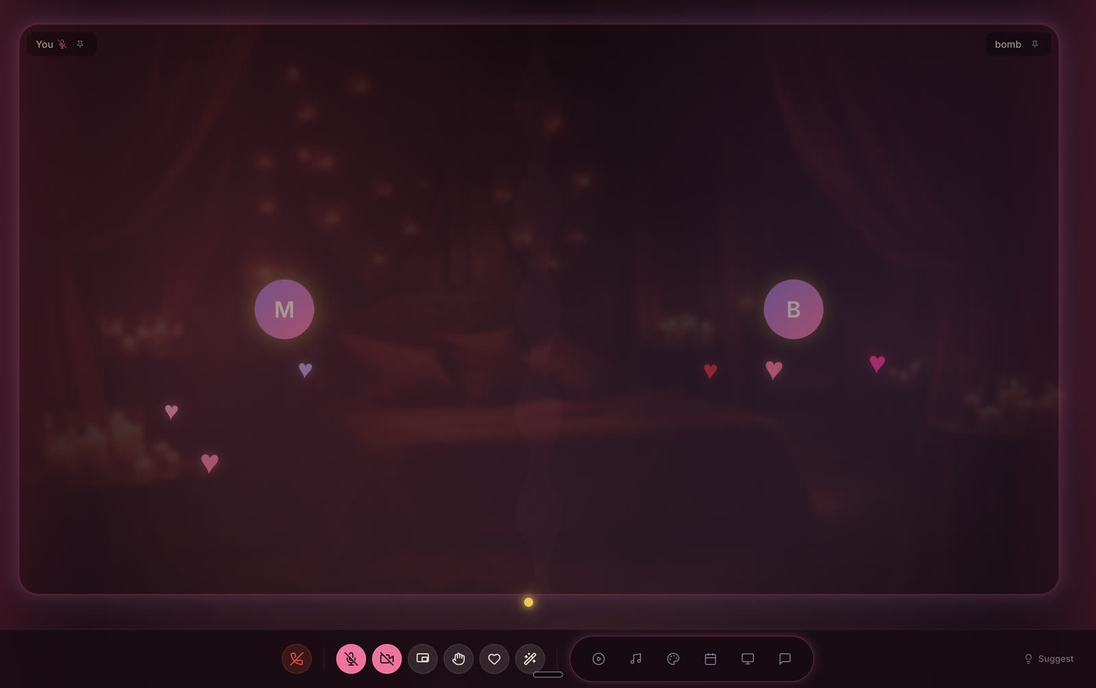 Inside a Moonbomb room with two participants, floating hearts, and an activity bar along the bottom