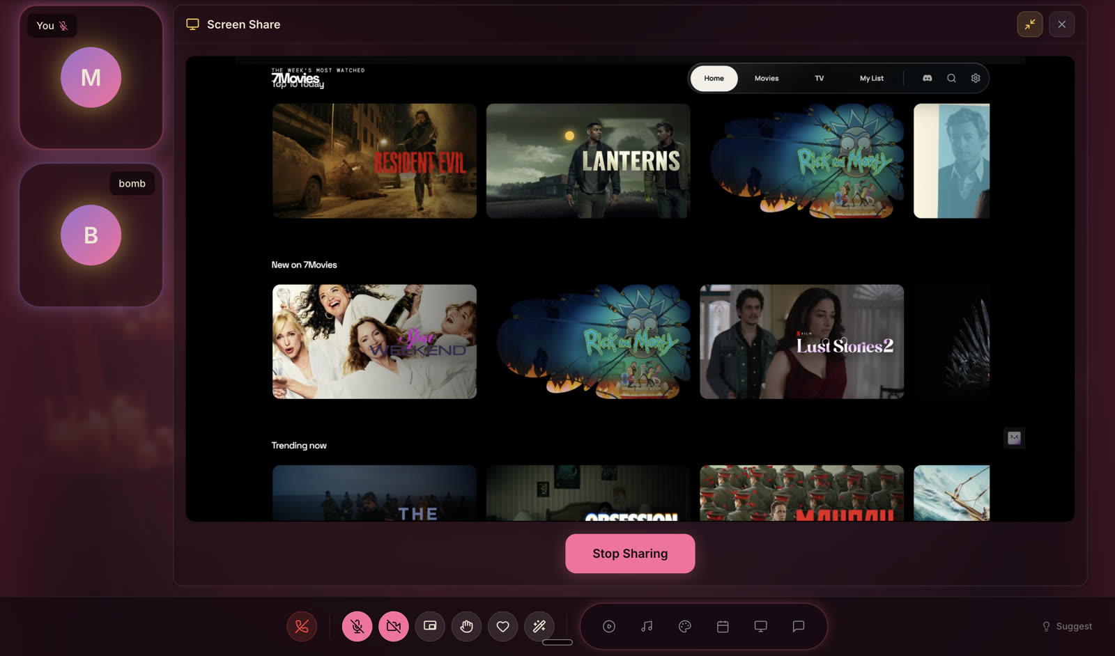 Screen share panel showing a shared browser tab with movies