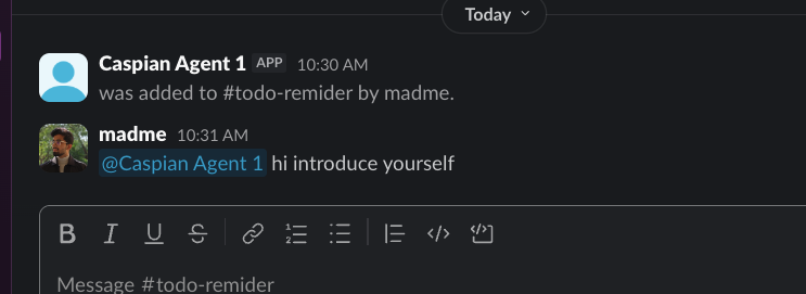 Slack channel where the agent's bot is added to #todo-remider, followed by a mention asking it to introduce itself